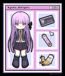 1girl black_boots black_gloves black_jacket black_skirt boots chibi collared_shirt cup_ramen cursor danganronpa:_trigger_happy_havoc danganronpa_(series) fue_(flute032) full_body gloves id_card jacket kirigiri_kyoko long_hair necktie pleated_skirt purple_eyes purple_hair red_necktie shirt skirt solo square-end_necktie user_interface vial white_shirt window_(computing)