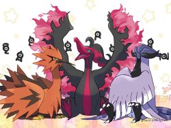 artist_name black_eyes blue_eyes closed_mouth colored_sclera commentary_request creatures_(company) fiery_wings galarian_articuno galarian_form galarian_moltres galarian_zapdos game_freak gen_2_pokemon gen_8_pokemon green_eyes highres legendary_pokemon looking_at_viewer nintendo no_humans open_mouth pokemon pokemon_(creature) saki_pokeoekaki simple_background sitting talons tongue twitter_username unown unown_a unown_g unown_i unown_l unown_n unown_r unownglyphics white_background wings yellow_sclera