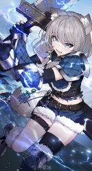 1girl animal_ears armor armored_gloves black_thighhighs blue_eyes blue_shorts blush chinese_commentary commentary_request fang girls_band_cry grey_hair highres holding holding_sword holding_weapon kawaragi_momoka kemonomimi_mode lightning long_hair midriff open_mouth shorts shoulder_armor single_thighhigh skin_fang skindentation solo sword tail teeth thigh_strap thighhighs weapon wolf_ears wolf_girl wolf_tail yun_cao_bing
