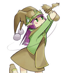 Rule 34 | 1girl, :&lt;, asymmetrical bangs, blush stickers, cameo, doll, dress, female focus, gnome (mon-musu quest!), green eyes, hat, holding, luka (mon-musu quest!), mon-musu quest!, pointy ears, purple hair, shoes, sidelocks, simple background, solo, star (symbol), white background, wizard898