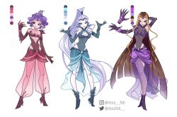 Rule 34 | 3girls, absurdly long hair, ahoge, angry, arm behind head, armor, armored boots, bad id, bad twitter id, baggy pants, bare shoulders, black eyeliner, blonde hair, blue boots, blue eyes, blue gemstone, blue gloves, blue leotard, blue skirt, blunt ends, boots, bracelet, bracer, breastplate, breasts, brown hair, chocofish, circlet, claws, cleavage, cleavage cutout, clenched teeth, clothing cutout, collar, collarbone, collared leotard, color guide, colored eyelashes, commentary, covered navel, darcy (winx club), detached collar, diamond (gemstone), dot nose, elbow gloves, english commentary, evil smile, eyelashes, eyeliner, eyeshadow, full body, gauntlets, gem, gloves, hair tubes, happy, high collar, high heel boots, high heels, high ponytail, highres, icy (winx club), instagram username, jewelry, knees, leotard, long hair, long sidelocks, long skirt, looking ahead, looking at hand, looking at viewer, makeup, medici collar, messy hair, miniskirt, multicolored hair, multiple girls, necklace, outstretched arm, pale skin, pants, pants under skirt, pantyhose, pauldrons, pink eyes, pink eyeshadow, pink pants, pink pantyhose, pink skirt, ponytail, purple boots, purple collar, purple eyeshadow, purple gloves, purple hair, purple leotard, purple pantyhose, purple skirt, red boots, red gloves, red leotard, redesign, reference sheet, ribs, see-through clothes, see-through leotard, see-through pants, short hair, shoulder armor, siblings, side slit, sidelocks, simple background, single gauntlet, single hair tube, single pauldron, sisters, skirt, smile, stormy (winx club), straight hair, streaked hair, teeth, thigh cutout, trix (winx club), twitter username, two-tone hair, v-shaped eyebrows, very long hair, watermark, white background, white hair, winx club