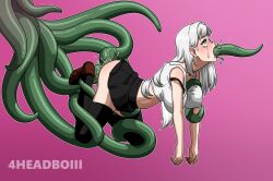 4headboiii all_the_way_through anal anus_to_mouth broken crying crying_with_eyes_open dangling_arms double_penetration highres limp_arms original skirt tears tentacles thighhighs vaginal white_hair