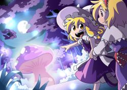 2016 2girls alice_margatroid apron bioluminescence black_vest blonde_hair blue_dress bow braid capelet coffgirl dress forest forest_of_magic frilled_hairband frills full_moon giant_mushroom glowing glowing_mushroom grass hair_bow hairband hat hat_bow holding_hands kirisame_marisa lolita_hairband looking_at_another moon multiple_girls mushroom nature night night_sky open_mouth outdoors plant pointing pointing_at_object red_hairband red_sash running sash short_hair side_braid signature single_braid sky smile touhou tree vest waist_apron white_bow white_capelet witch_hat