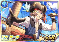 1boy antique_firearm artist_name bicorne black_gloves blonde_hair blue_eyes dolustoy feathers firearm gloves gun hat highres inazuma_eleven_(series) inazuma_eleven_ares_no_tenbin long_hair looking_at_viewer male_focus mansaku_yuuichirou open_clothes open_shirt pirate pirate_costume pirate_hat pirate_ship red_sash sash shirt solo weapon white_feathers white_shirt