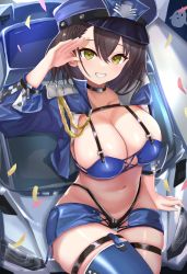 1girl absurdres ana_(vvvvor) arm_up azur_lane baltimore_(azur_lane) baltimore_(finish_line_flagbearer)_(azur_lane) bikini black_bikini blue_bikini blue_hat blue_jacket braid breasts brown_hair car choker cleavage cropped_jacket french_braid gloves green_eyes grin hair_between_eyes hat highleg highleg_bikini highres jacket large_breasts looking_at_viewer mismatched_bikini motor_vehicle navel official_alternate_costume on_car open_clothes open_jacket peaked_cap race_queen short_hair single_thighhigh sitting smile solo stomach sweatdrop swimsuit teeth thigh_gap thigh_strap thighhighs