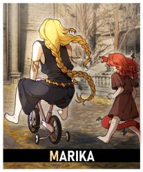 1boy 1girl bare_shoulders barefoot bicycle black_dress blonde_hair braid character_name commentary_request donar0217 dress elden_ring elden_ring:_shadow_of_the_erdtree floating_hair korean_commentary long_hair messmer_the_impaler mother_and_son outdoors queen_marika_the_eternal red_snake riding riding_bicycle sleeveless sleeveless_dress snake sweatdrop toes