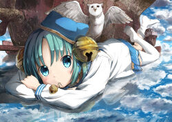 1girl anzu_yoshihiro bell bird blue_hat blue_skirt cloud dejiko di_gi_charat green_eyes green_hair hat highres jewelry jingle_bell lying necklace on_liquid on_stomach owl reflection reflective_water rust ship shirt skirt solo thighhighs watercraft white_shirt white_thighhighs