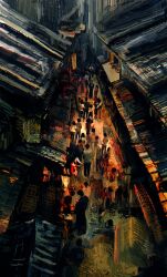 Rule 34 | 6+others, black hair, city, dkaism, faceless, from above, full body, glowing, highres, market stall, multiple others, night, original, painterly, people, roof shingles, scenery, standing, walking