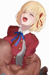 Rule 34 | 1boy, 1girl, absurdres, asurada yui, bald, bearhug, biceps, blonde hair, blue ribbon, blush, breasts, closed eyes, from above, hair ribbon, hetero, highres, implied breast sucking, interracial, large breasts, long sleeves, lycoris recoil, lycoris uniform, muscular, muscular male, neck ribbon, nishikigi chisato, open mouth, red shirt, ribbon, shirt, short hair, v-shaped eyebrows