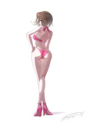 1girl ass bikini blue_eyes breasts brown_hair from_behind full_body highres large_breasts looking_at_viewer looking_back mazaki_anzu pink_bikini sengenjin31 short_hair simple_background solo swimsuit white_background yu-gi-oh! yu-gi-oh!_duel_monsters