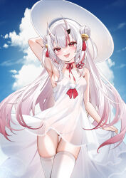 1girl absurdres bare_shoulders bell blue_sky blush breasts choker double_bun dress gradient_hair hair_bell hair_bun hair_ornament hat highres hololive horns long_hair looking_at_viewer multicolored_hair nakiri_ayame oni open_mouth red_eyes red_hair skin-covered_horns sky small_breasts smile solo streaked_hair sun_hat thighhighs thighs virtual_youtuber white_dress white_hair white_hat white_thighhighs yukineko1018