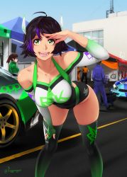 2girls ahoge artist_name asymmetrical_clothes bare_shoulders black_hair breasts car cleavage clothes_writing day elbow_gloves feguimel fingernails gloves gradient_hair green_eyes hand_on_own_thigh highres large_breasts leaning_forward leotard looking_at_viewer motor_vehicle multicolored_hair multiple_girls nail_(hardware) nail_polish open_mouth original outdoors partially_fingerless_gloves ponytail purple_hair race_queen race_track race_vehicle racecar racing_queen salute short_hair single_glove sky smile standing teeth thighhighs twitter_username unused_tire