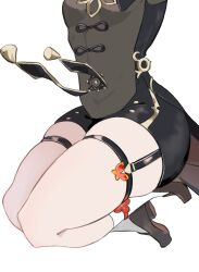 Rule 34 | 1girl, breasts, butterfly ornament, chinese clothes, coattails, commentary request, garter straps, genshin impact, head out of frame, highres, hu tao (genshin impact), mochi upamo, shoes, shorts, single garter strap, sitting, skindentation, small breasts, socks, solo, tassel, thick thighs, thigh focus, thigh strap, thighs, white background, white socks