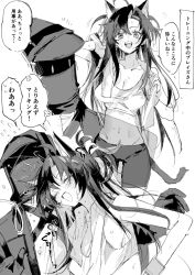 1boy 1girl animal_ears arknights bike_shorts blaze_(arknights) breasts cleavage doctor_(arknights) large_breasts midriff monochrome na_tarapisu153 navel shorts sweat sweatdrop tagme tail towel translation_request