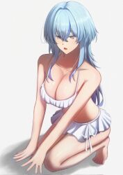 1girl alternate_costume barefoot bayris bikini bikini_skirt blue_hair blue_nails breasts cleavage collarbone commentary crossed_bangs english_commentary hair_between_eyes highres kneeling large_breasts long_hair nail_polish open_mouth purple_eyes shorekeeper_(wuthering_waves) sidelocks simple_background solo swimsuit white_background white_bikini wuthering_waves