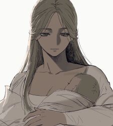 1girl 1other baby baby_carry blonde_hair breasts carrying cleavage collarbone dungeon_meshi eyelashes frs2 genderswap genderswap_(mtf) hair_over_one_eye hair_strand half_updo highres laios_touden light_brown_hair long_hair looking_at_another looking_away looking_down medium_breasts motherly portrait short_hair simple_background smile white_background