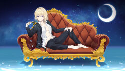 1girl absurdres bang_dream! bang_dream!_it&#039;s_mygo!!!!! barefoot belt belt_buckle black_belt black_jacket black_pants blonde_hair blue_flower blue_rose breasts buckle cinnamyon commentary commission couch crescent_moon dress_shirt english_commentary flower hair_between_eyes highres jacket long_hair long_sleeves medium_breasts medium_hair misumi_uika moon navel no_bra open_clothes open_jacket open_shirt panties pants panty_peek purple_eyes purple_panties rose shirt sitting sky solo star_(sky) starry_sky togawa_sakiko underwear white_shirt