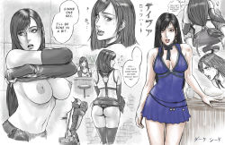 1girl ass ass_grab black_hair breasts dakushido dress earrings english_text final_fantasy final_fantasy_vii final_fantasy_vii_remake fingerless_gloves gloves jewelry large_breasts lips long_hair low-tied_long_hair official_alternate_costume panties short_dress skirt solo square_enix suspender_skirt suspenders tifa_lockhart topless_female underwear undressing wall_market
