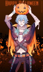 10s 1boy abs alternate_costume arms_up artist_name bandages belt_buckle blue_hair bracelet buckle cape clover clubs contrapposto dated diamond_(shape) dramatical_murder facial_mark fang gu-akira halloween heart heart_print high_collar jack-o&#039;-lantern jewelry long_hair male_focus midriff nail_polish navel seragaki_aoba single_sleeve solo spade standing toned yellow_eyes