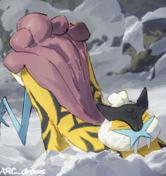 Rule 34 | animal focus, arc draws, artist name, cat, cat stretch, closed eyes, closed mouth, commentary, english commentary, fangs, fangs out, gen 2 pokemon, legendary pokemon, nintendo, no humans, pokemon, pokemon (creature), purple hair, raikou, snow, stretching, tail, twitter username, yellow fur