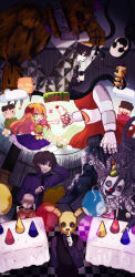 1girl 3boys 6+others :d arm_behind_back arm_behind_head artist_name bad_id bad_tumblr_id balloon bear behind_another black_necktie black_sclera black_vest blood blood_on_teeth blue_eyes bow bowtie bright_pupils brown_hair buck_teeth bug butterfly cable chair character_doll checkered_floor cherry child circus_baby_(fnaf) cloud clown_nose colored_sclera commentary corpse crying_child_(fnaf) dark death doll elevator_shaft elizabeth_afton english_commentary ennard extra_eyes family finger_to_mouth five_nights_at_freddy&#039;s five_nights_at_freddy&#039;s:_sister_location five_nights_at_freddy&#039;s_4 flashlight flashlight_beam floating flower food frayed_cable fredbear_(fnaf) frilled_skirt frills fruit giving green_eyes grey_shirt hair_bow half-closed_eyes hat highres hiji_(hijichan) holding holding_doll holding_flashlight holding_food holding_ice_cream holding_ice_cream_cone horror_(theme) ice_cream ice_cream_cone insect long_hair long_sleeves mask michael_afton mini_hat mini_top_hat monitor multiple_boys multiple_others necktie nightmare_fredbear nightmarionne nosebleed open_mouth orange_hair parted_lips partially_shaded_face party_hat picture_frame pink_eyes pink_shirt pinky_out purple_bow purple_bowtie purple_headwear purple_shirt purple_skirt rabbit_mask reaching red_bow red_eyes red_skirt robot sharp_teeth shirt short_hair short_sleeves shushing sitting skirt smile spoilers spring_bonnie_(fnaf) stuffed_toy sweatdrop table tablecloth teeth tentacles top_hat under_covers upside-down vanilla vest white_flower white_pupils william_afton yellow_eyes