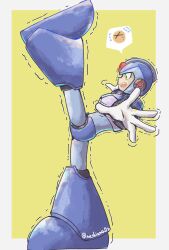 Rule 34 | 1boy, absurdres, android, armor, blue armor, blue helmet, border, forehead jewel, from side, full body, green eyes, helmet, highres, male focus, mega man (series), mega man x (series), meshiuma0x, profile, simple background, solo, standing, standing on one leg, trembling, white border, x (mega man), yellow background