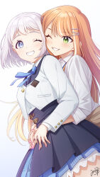 Rule 34 | 2girls, black skirt, blue eyes, clenched teeth, commentary request, gakuen idolmaster, gradient background, green eyes, grey background, grin, hatsuboshi gakuen school uniform, highres, hug, hug from behind, idolmaster, katsuragi lilja, long hair, long sleeves, mikapoe, multiple girls, one eye closed, orange hair, school uniform, shirt, shiun sumika, short hair, signature, skirt, smile, teeth, white background, white hair, white shirt, yuri