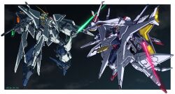 airborne arm_blade beam_rifle energy_sword cloud cloudy_sky commentary daue duel energy_blade energy_gun energy_sword glowing glowing_eyes green_eyes gun gundam gundam_hathaway&#039;s_flash highres holding holding_gun holding_sword holding_weapon mecha mobile_suit night night_sky no_humans penelope_(hathaway&#039;s_flash) pink_eyes robot science_fiction shield signature sky sword v-fin weapon xi_gundam