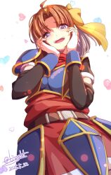 1girl anelace_elfead armor breastplate brown_hair dated eiyuu_densetsu fingerless_gloves gloves hairband heart highres long_sleeves looking_at_viewer open_mouth pauldrons purple_eyes short_hair shoulder_armor signature simple_background single_pauldron skirt smile solo sora_no_kiseki tinybiard twitter_username white_background white_gloves wrist_cuffs