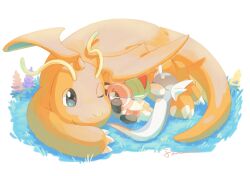 claws closed_eyes closed_mouth commentary creatures_(company) dragonite dratini game_freak gen_1_pokemon gen_3_pokemon gen_7_pokemon grass grey_eyes highres lying nintendo no_humans one_eye_closed pokemon pokemon_(creature) ralts smile stufful symbol-only_commentary torinoko_(miiko_draw) u_u