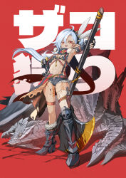 1girl ahoge armor armored_boots armpits axe battle_axe belt bikini bikini_armor bikini_top_only black_gloves blood bloody_weapon blue_hair boots breasts cape cutoffs dagger dark-skinned_female dark_skin denim denim_shorts dragon earrings elbow_gloves facial_tattoo fang fangs feather_hair_ornament feathers fingerless_gloves flat_chest full_body fur-trimmed_boots fur-trimmed_shorts fur_trim gauntlets gloves greaves hair_ornament hand_on_own_hip highres holding holding_axe holding_weapon huge_weapon jewelry knee_boots knife knife_sheath leg_tattoo long_hair looking_at_viewer navel open_mouth original planted pointy_ears ponytail red_background red_eyes scarf seigetsu_kotaku sharp_teeth sheath short_shorts shorts single_thighhigh small_breasts smile solo standing stomach_tattoo swimsuit tattoo teeth thigh_strap thighhighs torn torn_cape torn_clothes torn_scarf torn_thighhighs vambraces weapon white_thighhighs