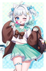 1girl ahoge aqua_hair bag blue_bow bow bowtie brown_bow brown_bowtie closed_mouth gradient_hair green_sailor_collar green_skirt grey_hair hair_bow heart heart_o-ring highres indie_virtual_youtuber jacket long_sleeves looking_at_viewer mint_fantome moorina multicolored_hair o-ring o-ring_thigh_strap open_clothes open_jacket pointy_ears sailor_collar school_bag school_uniform shirt short_hair simple_background skirt smile thigh_strap virtual_youtuber white_shirt