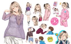 1boy 2girls absurdres adk-em amane_sachika bandai bandai_namco bare_shoulders belt blonde_hair brown_eyes commentary_request earrings gochizo gyaru hair_tie hat heart heart_hands highres inoue_shouma ishimori_prod jewelry kamen_rider kamen_rider_gavv_(series) long_sleeves miniskirt multiple_girls navel net pants popping_gummy shoes shouma_(kamen_rider_gavv) shouma_stomach skirt sneakers socks tank_top toei_company tokusatsu tv_asahi v white_pants white_tank_top yakimi_27 zakuzaku_chips