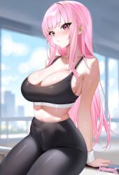 1girl alternate_costume arm_support artist_name black_pants black_sports_bra blurry blurry_background blush breasts cleavage commentary english_commentary high-waist_pants highres hololive hololive_english large_breasts long_hair looking_at_viewer midriff minekoart mori_calliope pants parted_lips pink_eyes pink_hair railing shiny_skin sitting solo sports_bra sweat sweatband teeth very_long_hair virtual_youtuber wristband yoga_pants