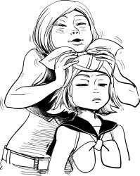 2girls belt bow_hairband closed_eyes cropped_shirt disgust greyscale hair_ornament hairband hairclip kagamine_rin meiko_(vocaloid) midriff monochrome multiple_girls navel neckerchief nippori_honsha pants sailor_collar shirt short_hair sketch sleeveless sleeveless_shirt squishing vocaloid