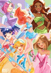 6+girls aisha_(winx_club) aqua_eyes arm_up armlet armpits asian asymmetrical_shirt bare_legs bare_shoulders blonde_hair bloom_(winx_club) blue_arm_warmers blue_bodysuit blue_boots blue_eyes blue_hair blue_hairband blue_shirt blue_skirt blue_wings bodysuit bodysuit_under_clothes boots bracelet bracer breasts brown_hair chest_jewel choker cleavage clip_studio_paint_(medium) closed_mouth collarbone colorful_background commentary cowboy_shot crop_top dark-skinned_female dark_skin determined dress eyelashes eyes_visible_through_hair fairy fairy_wings floating_hair flora_(winx_club) flower full_body furrowed_brow gem glitter gold_tiara green_choker green_eyes green_gemstone green_shirt green_skirt green_wings hair_between_eyes hair_floating_upwards hair_over_one_eye hair_tubes hairband hand_on_own_cheek hand_on_own_face hand_up happy headphones high_heel_boots high_heels highres holding holding_staff hood hood_up hooded_leotard jewelry leotard leotard_under_clothes lipstick long_hair looking_at_hand low_twintails magical_girl makeup making-of_available midriff miniskirt multiple_girls musa_(winx_club) navel neck_flower one_eye_closed open_mouth orange_hair orange_shirt orange_skirt outline pink_arm_warmers pink_dress pink_flower pink_hair pink_leotard pink_lips pink_shirt pink_skirt plant poster_(medium) purple_leotard red_lips see-through_clothes see-through_leotard shirt short_hair short_twintails signature skirt skirt_set sleeveless sleeveless_shirt smile staff stella_(winx_club) strapless strapless_dress tecna_(winx_club) tiara turtleneck turtleneck_shirt twintails umikuma very_dark_skin very_long_hair vines wavy_hair white_choker white_outline wings winx_club yellow_gemstone