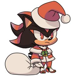 1boy capelet christmas furry furry_male gift_bag hat highres holly male_focus meme padoru_(meme) pom_pom_(clothes) quark196 red_eyes santa_costume santa_hat shadow_the_hedgehog simple_background solo sonic_(series) white_background