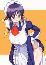 1girl andou_mahoro apron black_hair blue_dress blush bow breasts commentary_request dress embarrassed frilled_apron frills green_eyes hair_bow headdress highres large_breasts looking_at_viewer mahoromatic maid maid_apron maid_headdress open_mouth puffy_short_sleeves puffy_sleeves qingmingtongzi short_sleeves skirt solo thighs undressing white_apron white_background