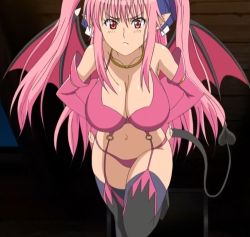 1girl anime_screenshot boots demon_girl demon_wings highres ijuin_serena jewelry necklace pink_hair red_eyes stitched thigh_boots thighhighs third-party_edit twintails vampire_(ova) wings