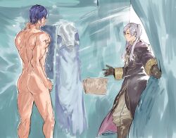 1boy 1girl accidental_pervert artist_name ass back bathing black_gloves blue_eyes blue_hair book brand_of_the_exalt chrom_(fire_emblem) closed_mouth clothed_female_nude_male commentary completely_nude curtains dropping english_commentary female_robin_(fire_emblem) fire_emblem fire_emblem_awakening gloves highres legs long_hair looking_at_another nintendo nude pants short_hair standing thighs twintails walk-in watermark wet white_hair white_pants yourfreakyneighbourh