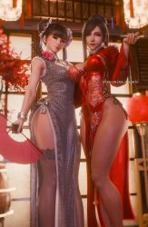 2girls alternate_costume brown_eyes brown_hair eve_(stellar_blade) final_fantasy final_fantasy_vii final_fantasy_vii_remake hair_bun highres looking_at_viewer multiple_girls ria_(baka-neearts) stellar_blade tifa_lockhart twitter_username