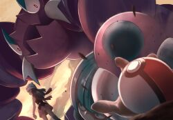 Rule 34 | 2girls, brown sky, dawn (pokemon), debris, drapion, dust, gen 4 pokemon, green eyes, green hair, hat, long hair, looking back, multiple girls, nintendo, poke ball, pokemon, pokemon (creature), pokemon dppt, pori, red scarf, scarf, stomping, team galactic grunt, white hat