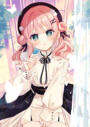 1girl animal animal_on_hand black_hat blue_eyes bug butterfly commentary_request double_bun flower hair_bun hair_flower hair_ornament hairclip hand_on_lap hat head_tilt highres insect long_hair long_sleeves looking_at_viewer original parted_lips pink_hair puffy_long_sleeves puffy_sleeves rino_cnc shirt skirt sleeves_past_wrists solo white_flower white_shirt white_skirt