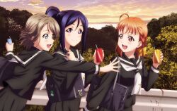 3girls ahoge artbook bag black_serafuku black_shirt black_skirt blue_eyes bow braid brown_hair cloud drinking_straw grey_hair hair_bow high_ponytail highres holding juice_box long_hair long_sleeves looking_at_another looking_at_viewer love_live! love_live!_sunshine!! matsuura_kanan multiple_girls neckerchief non-web_source official_art open_mouth orange_hair outdoors pleated_skirt ponytail purple_eyes purple_hair red_eyes school_bag school_uniform serafuku shirt short_hair skirt smile takami_chika watanabe_you yellow_bow