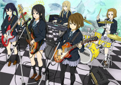5girls akiyama_mio amplifier aquarium band_(music) bass_guitar black_eyes black_hair blonde_hair blue_eyes brown_eyes brown_hair drum drum_set electric_guitar fender_(company) fender_jazz_bass fender_mustang fish gibson gibson_les_paul guitar highres hirasawa_yui ho-kago_tea_time instrument k-on! korg korg_triton kotobuki_tsumugi long_hair marshall multiple_girls nakano_azusa pantyhose school_uniform short_hair synthesizer tainaka_ritsu tanabota tanabota1203 tanabota_(pixiv_616019) twintails yamaha