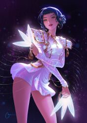 Rule 34 | armor, artnikita, black hair, dagger, dark background, double bun, earrings, glowing, glowing weapon, hair bun, highres, holding, holding dagger, holding knife, holding weapon, hoop earrings, jewelry, knife, kpop demon hunters, looking at viewer, parted lips, short shorts, shorts, shorts under skirt, shoulder armor, skirt, thighs, weapon, white shorts, white skirt, zoey (kpop demon hunters)