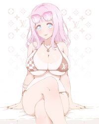 1girl bare_shoulders bikini blue_eyes breasts fujiwara_chika futsu_no_tori highres kaguya-sama_wa_kokurasetai_~tensai-tachi_no_renai_zunousen~ large_breasts lips long_hair pink_hair sitting sunglasses_on_head swimsuit tan tanline