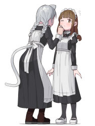 2girls animal_ears blunt_bangs braid brown_eyes brown_hair cat_ears cat_girl cat_tail full_body grey_hair juliet_sleeves long_sleeves looking_at_another maid maid_headdress multiple_girls one_eye_covered original pantyhose puffy_sleeves saiste simple_background tail twin_braids white_background wiping_face