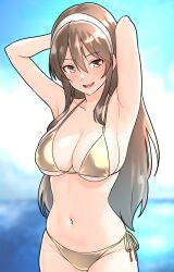 1girl alternate_costume armpits arms_behind_head arms_up ashigara_(kancolle) bikini blurry blurry_background breasts brown_eyes brown_hair cowboy_shot furaggu_(frag_0416) gold_bikini hair_between_eyes hairband highres kantai_collection large_breasts long_hair side-tie_bikini_bottom solo standing swimsuit very_long_hair wavy_hair white_hairband