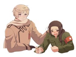 Rule 34 | 2boys, armband, axis powers hetalia, black gloves, blonde hair, blush, breast pocket, brown coat, brown eyes, brown hair, buttons, china (hetalia), clenched hand, closed mouth, coat, collared jacket, commentary request, crying, crying with eyes open, cup, drinking glass, gloves, green jacket, hand on another&#039;s back, holding, holding cup, jacket, long hair, long sleeves, looking at another, looking down, low ponytail, male focus, medal, military jacket, military uniform, multiple boys, open mouth, pocket, ponytail, purple eyes, red armband, russia (hetalia), sad, scarf, short hair, sidelocks, simple background, smile, star (symbol), star ornament, star print, tamaki (q tamaki), tears, upper body, white background, white scarf, wide sleeves